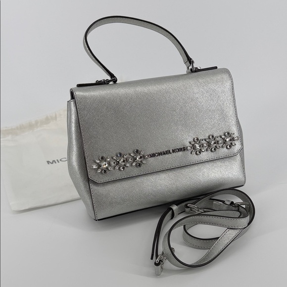Michael Kors Handbags - Michael Kors Silver Leather Small Ava Crystals Embellished Top Handle Bag Rare
